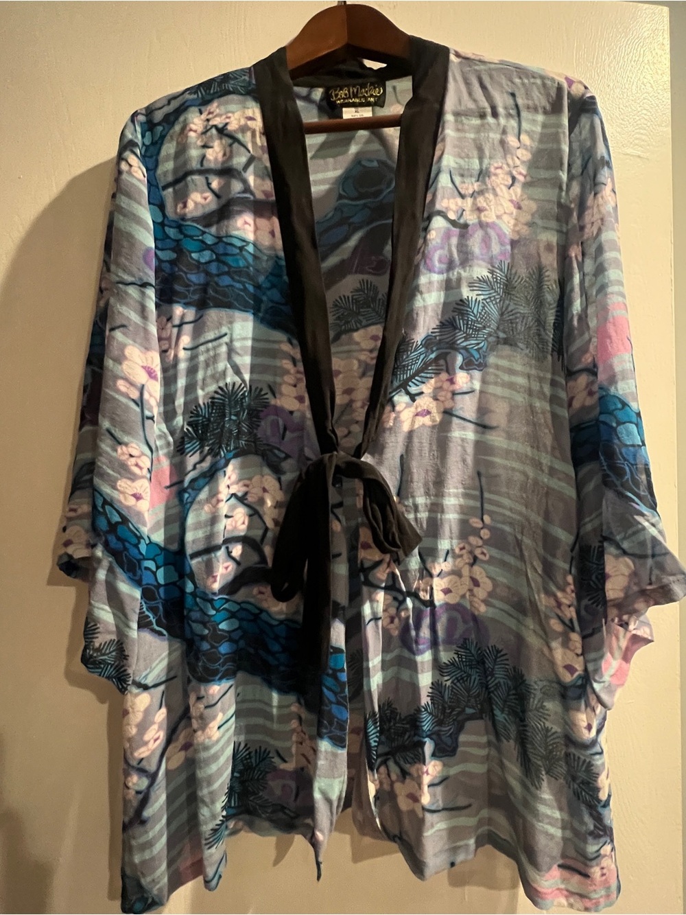 Bob Mackie Blue, Black& Pink Floral Kimono Robe 100% silk - XL